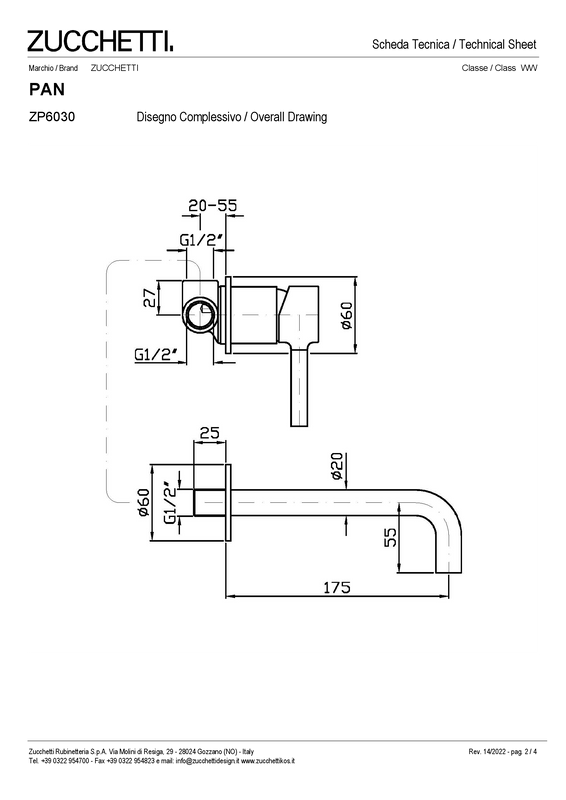 ZUCCHETTI PAN MIX MONOCOMANDO LAVABO INCASSO 2 FORI L. BOCCA 175 mm CON AERATORE