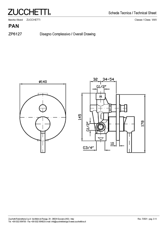 ZUCCHETTI PAN MIX MONOCOMANDO VASCA/DOCCIA INCASSO CON DEVIATORE