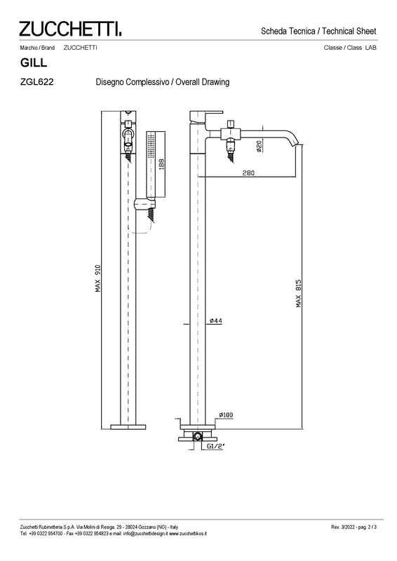 ZUCCHETTI GILL MIX MONOCOMANDO VASCA/DOCCIA FREE STANDING