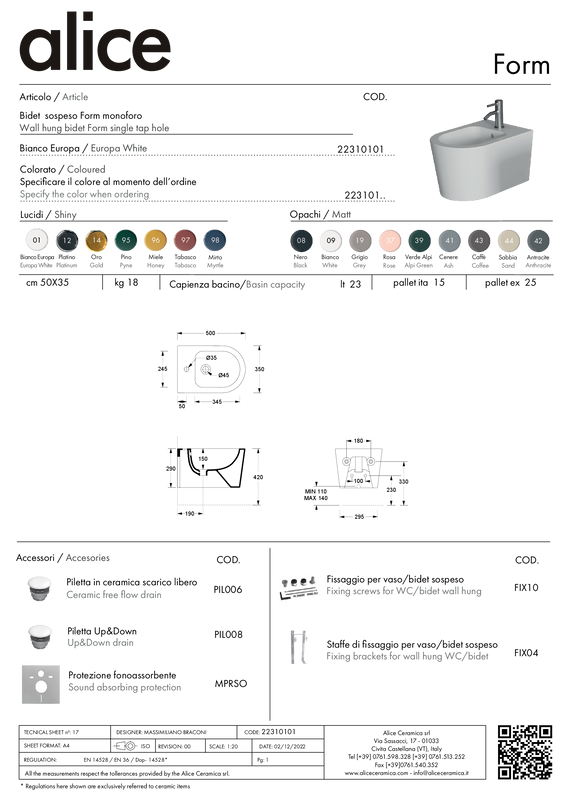 ALICE CERAMICA BIDET FORM SOSPESO