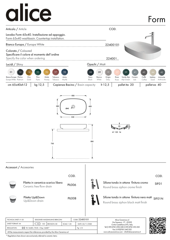 ALICE CERAMICA LAVABO FORM 65X40