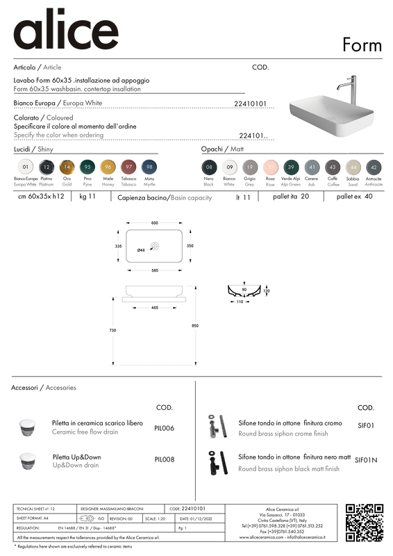 ALICE CERAMICA LAVABO FORM 60X35