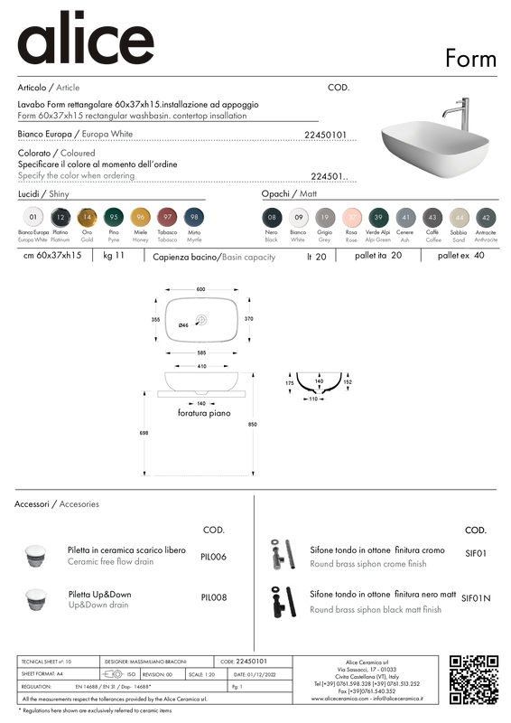 ALICE CERAMICA LAVABO FORM RETT. 60x37 h15