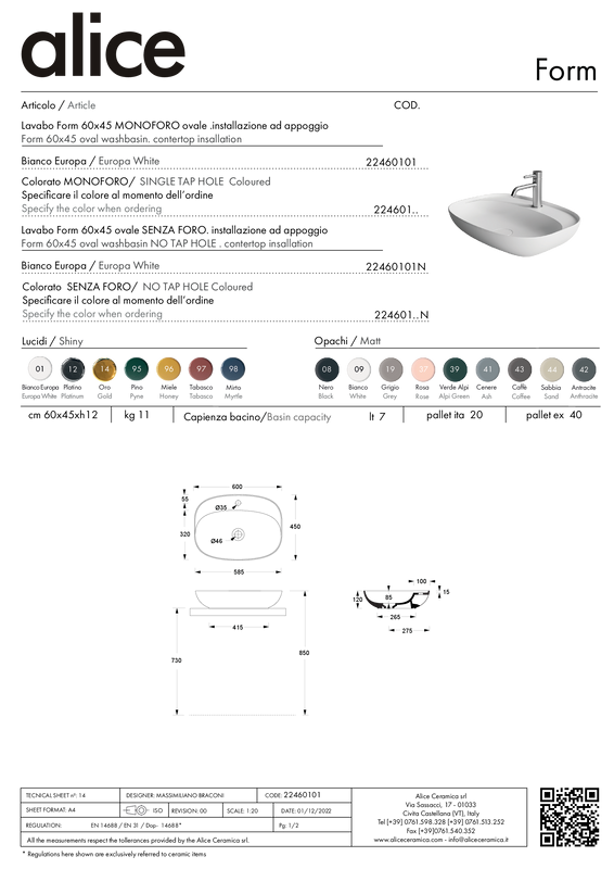 ALICE CERAMICA LAVABO FORM OVALE 60X45