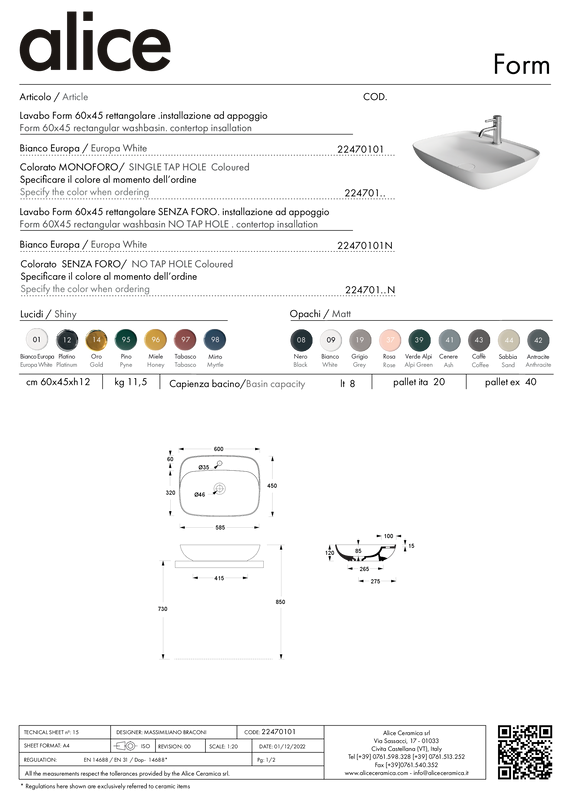 ALICE CERAMICA LAVABO FORM RETTANGOLARE 60X45 PLAN