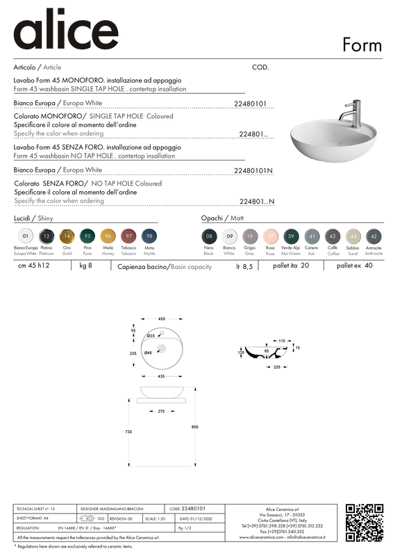 ALICE CERAMICA LAVABO FORM TONDO 45