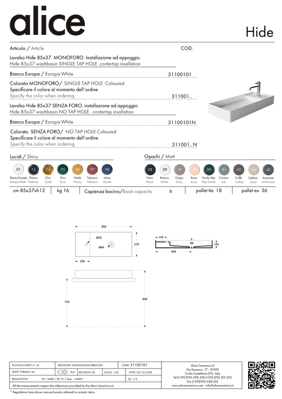 ALICE CERAMICA LAVABO HIDE 85X37