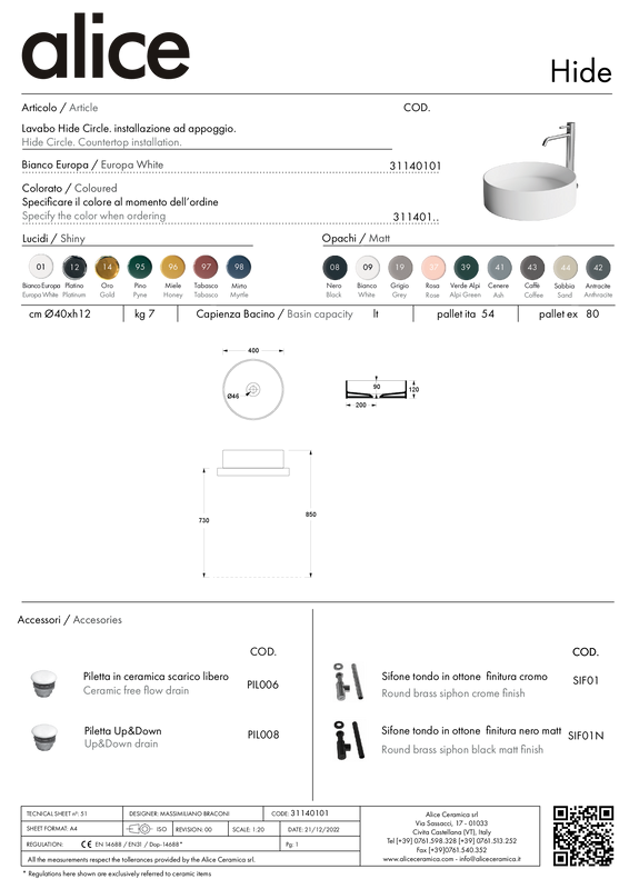 ALICE CERAMICA LAVABO HIDE CIRCLE