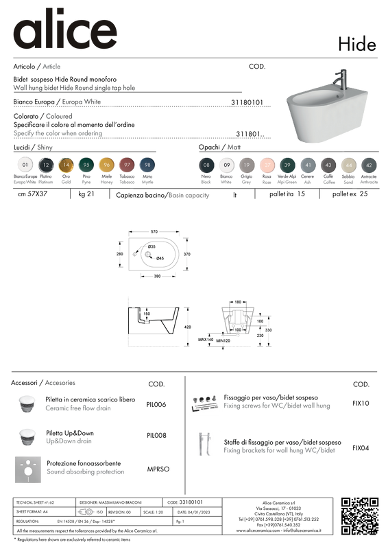 ALICE CERAMICA BIDET HIDE ROUND SOSPESO