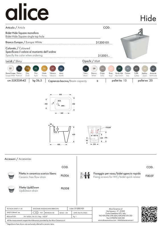 ALICE CERAMICA BIDET HIDE SQUARE