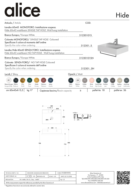 ALICE CERAMICA LAVABO HIDE 60X45
