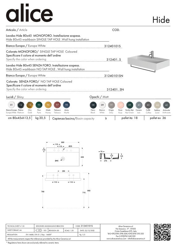 ALICE CERAMICA LAVABO HIDE 80X45