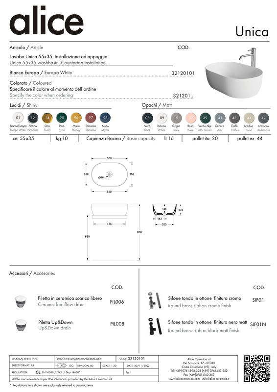 ALICE CERAMICA UNICA 55X35 WASHBASIN