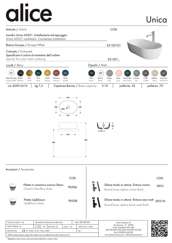ALICE CERAMICA UNICA WASHBASIN 45X31