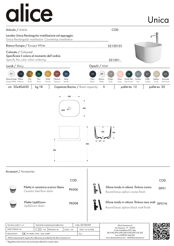ALICE CERAMICA LAVABO UNICA RECTANGULAR 50X40 h30