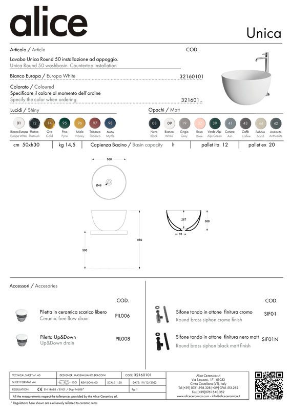 ALICE CERAMICA LAVABO UNICA ROUND 50 h30