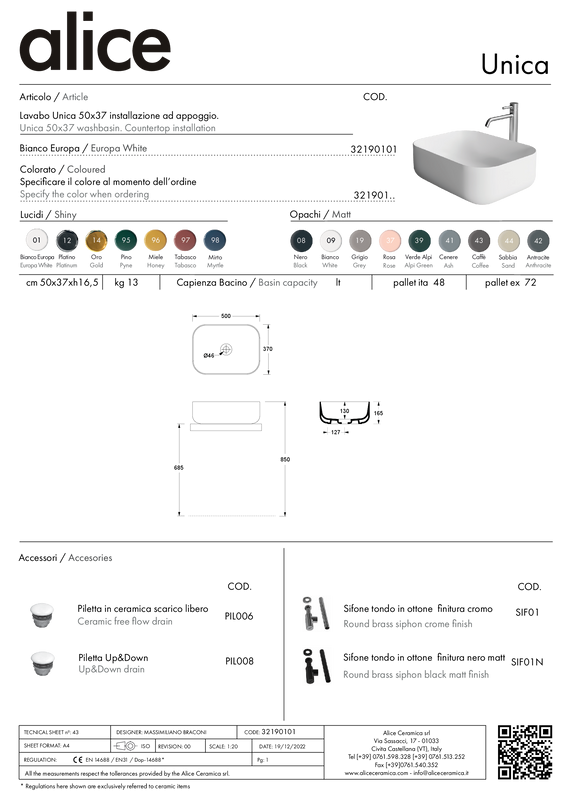 ALICE CERAMICA UNICA 50X37 BASIN