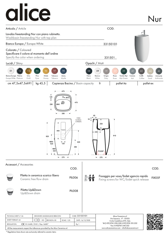 ALICE CERAMICA LAVABO NUR FREESTANDING PLAN