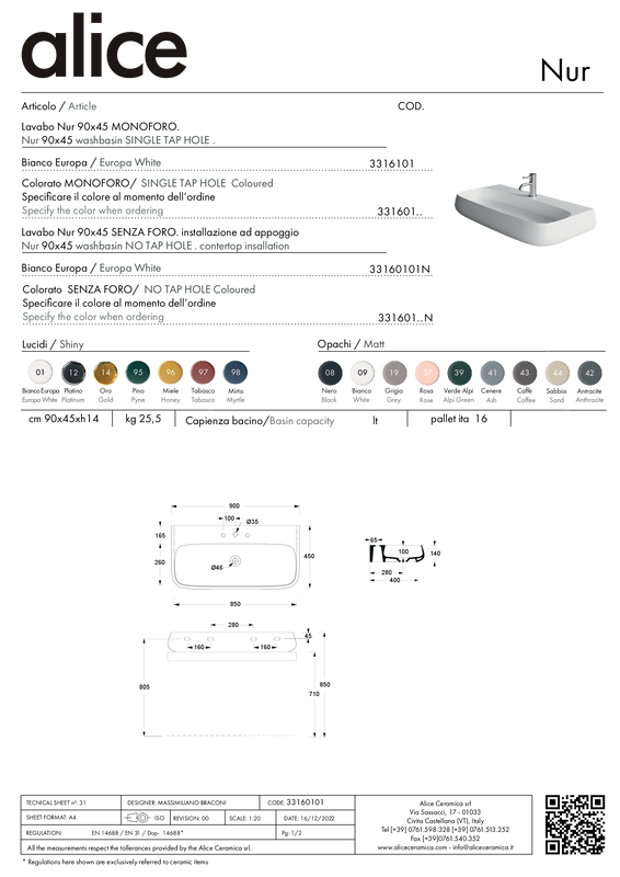 ALICE CERAMICA LAVABO NUR 90X45