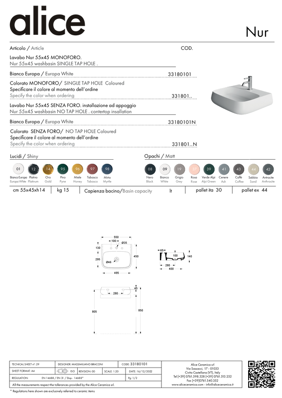 ALICE CERAMICA LAVABO NUR 55X45