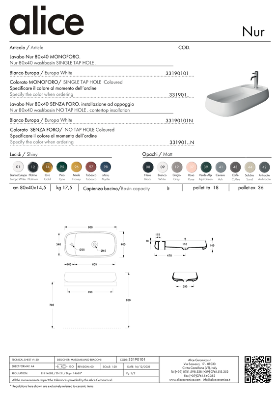 ALICE CERAMICA LAVABO NUR 80X40 PLAN