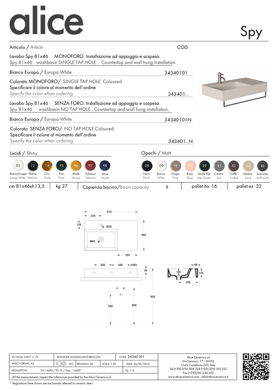 ALICE CERAMICA LAVABO SPY 81X46 PLAN