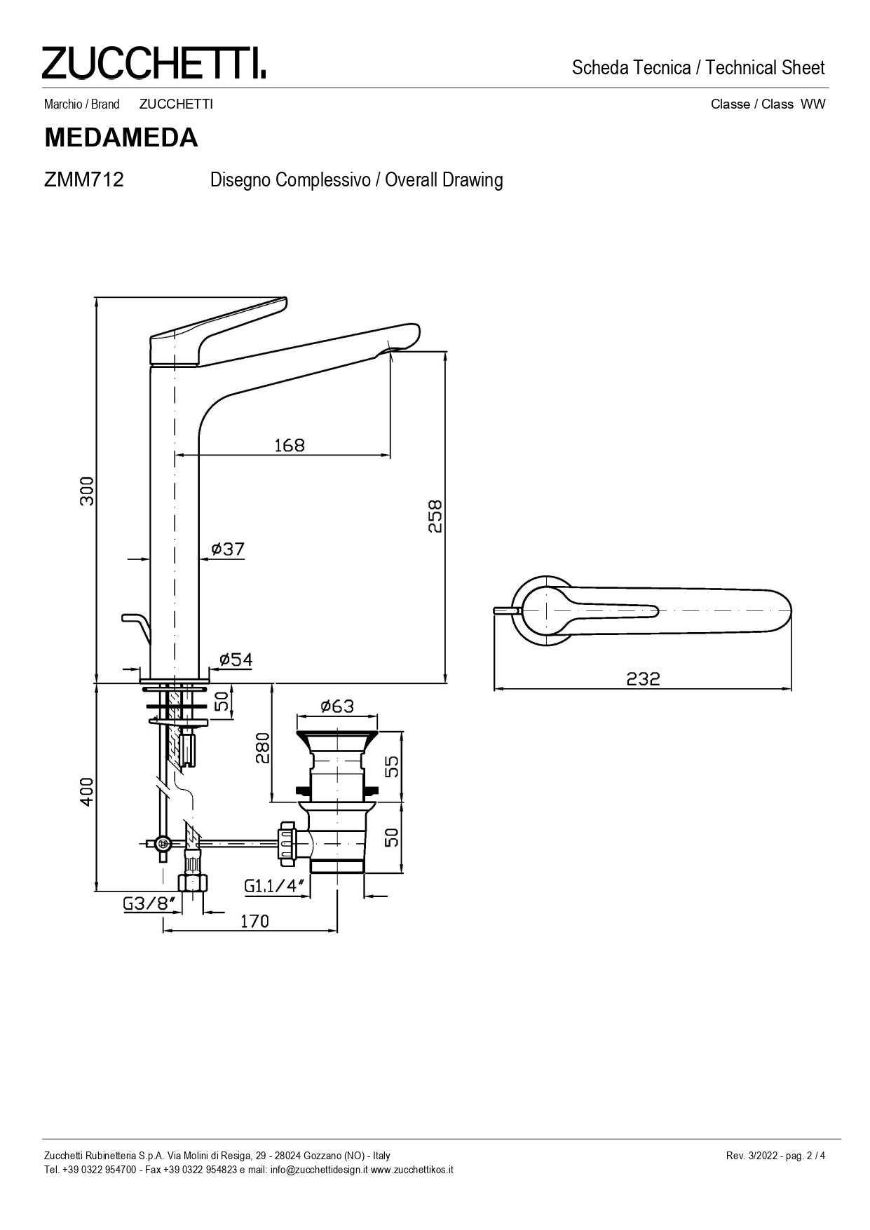 ZUCCHETTI MEDAMEDA MIX BASIN MIXER WITH HIGH SPOUT WITH AERATOR AND WASTE