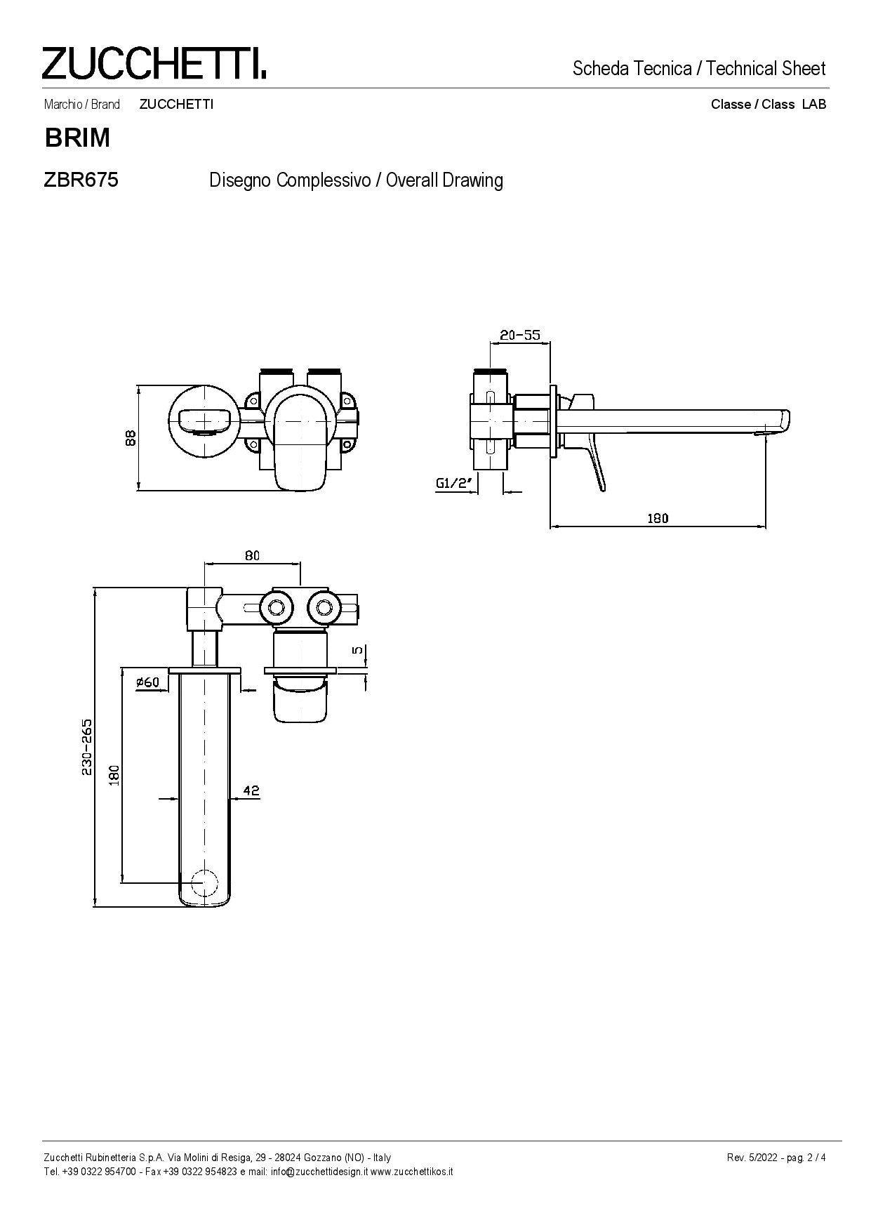 ZUCCHETTI BRIM MIX MONOCOMANDO INCASSO PER LAVABO BOCCA L.180 mm DUE FORI CON AERATORE