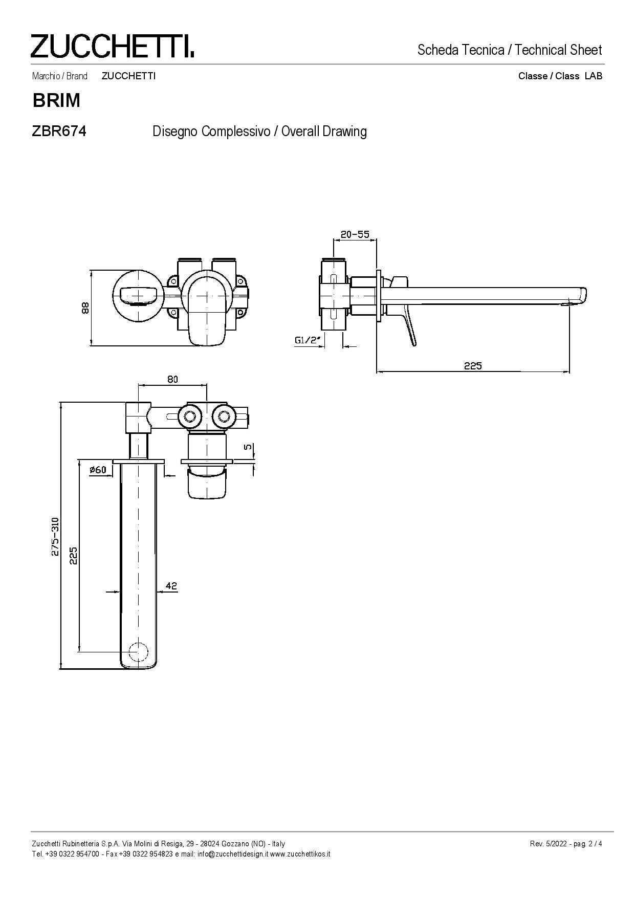 ZUCCHETTI BRIM MIX MONOCOMANDO INCASSO PER LAVABO BOCCA L. 225 mm DUE FORI CON AERATORE
