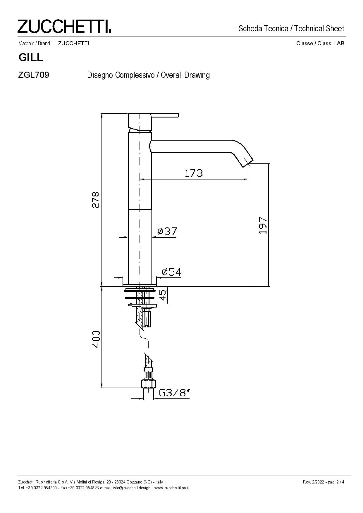 ZUCCHETTI GILL MIX SINGLE-LEVER MIXER WITH HIGH SPOUT, AERATOR AND WITHOUT WASTE