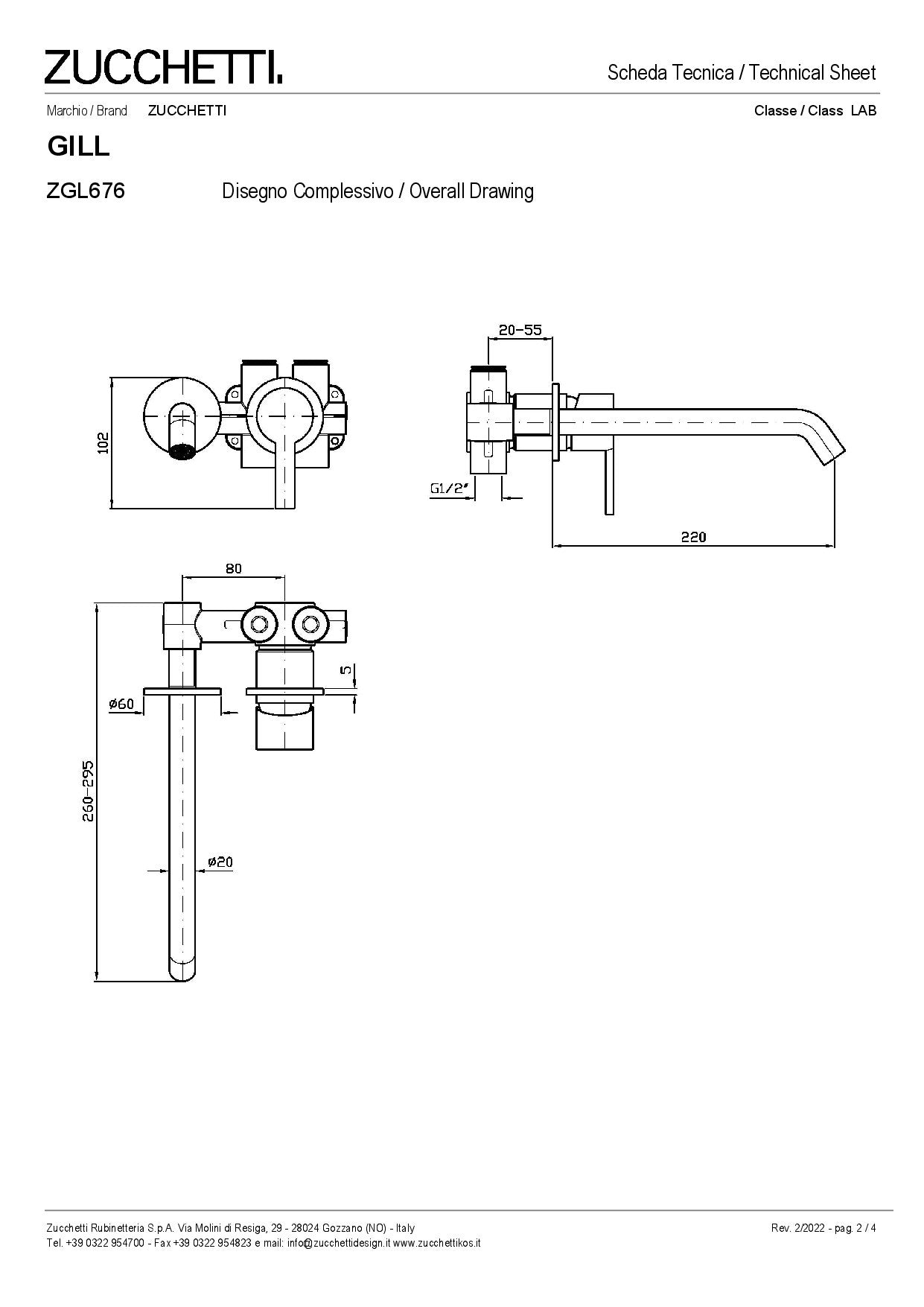 ZUCCHETTI GILL MIX MONOCOMANDO INCASSO LAVABO L. BOCCA 220 mm DUE FORI CON AERATORE