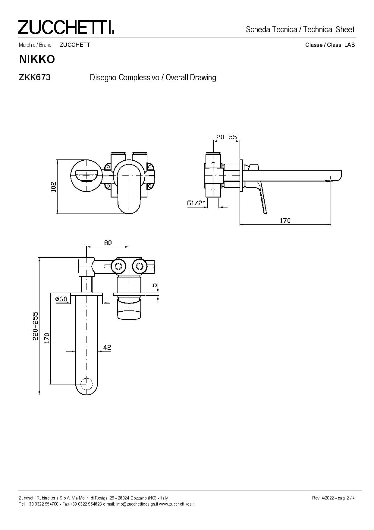 ZUCCHETTI NIKKO MIX BUILT-IN BASIN SINGLE-LEVER MIXER 170 mm SPOUT TWO HOLES WITH AERATOR