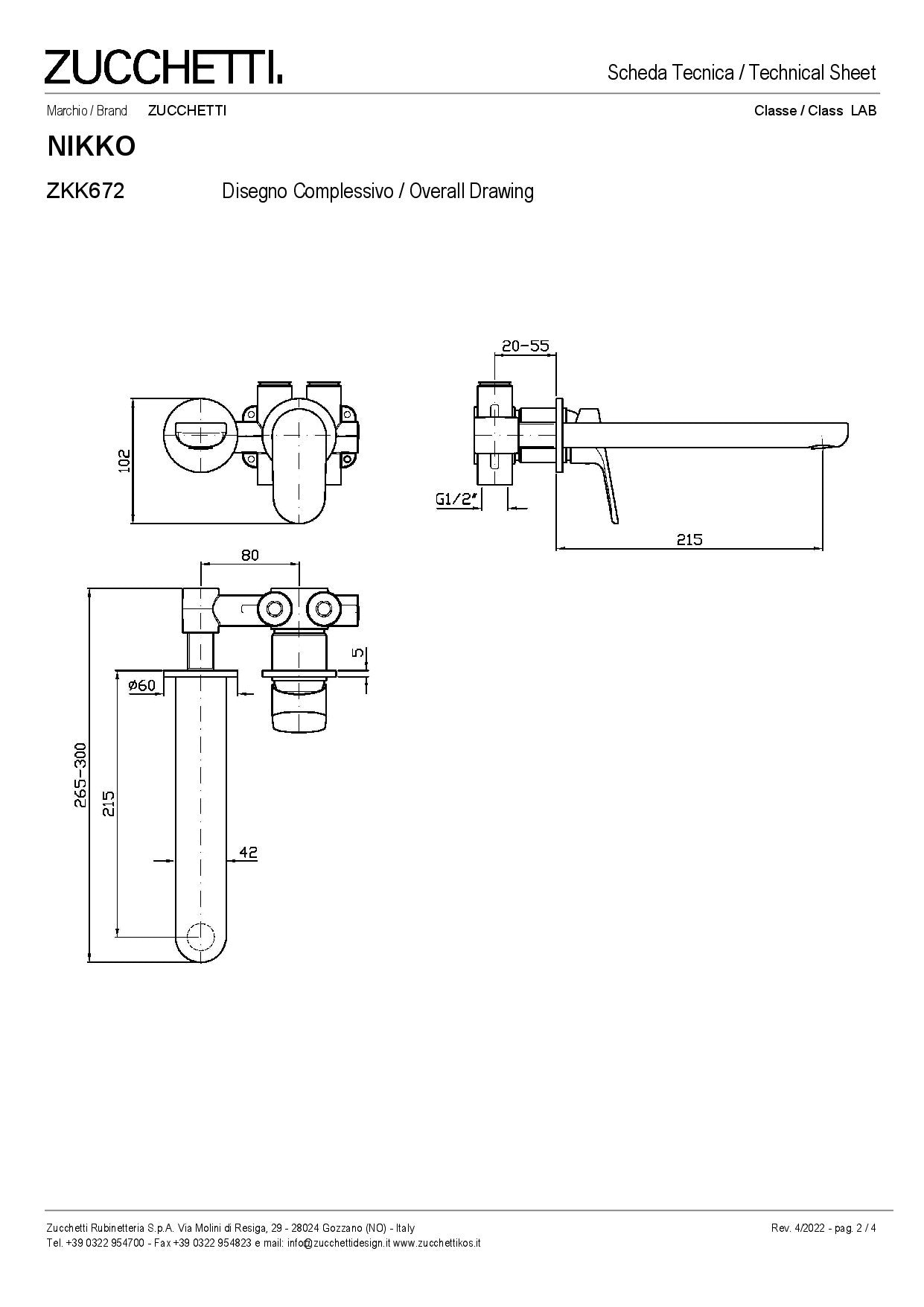 ZUCCHETTI NIKKO MIX BUILT-IN BASIN MIXER L. SPOUT 215 mm TWO HOLES WITH AERATOR