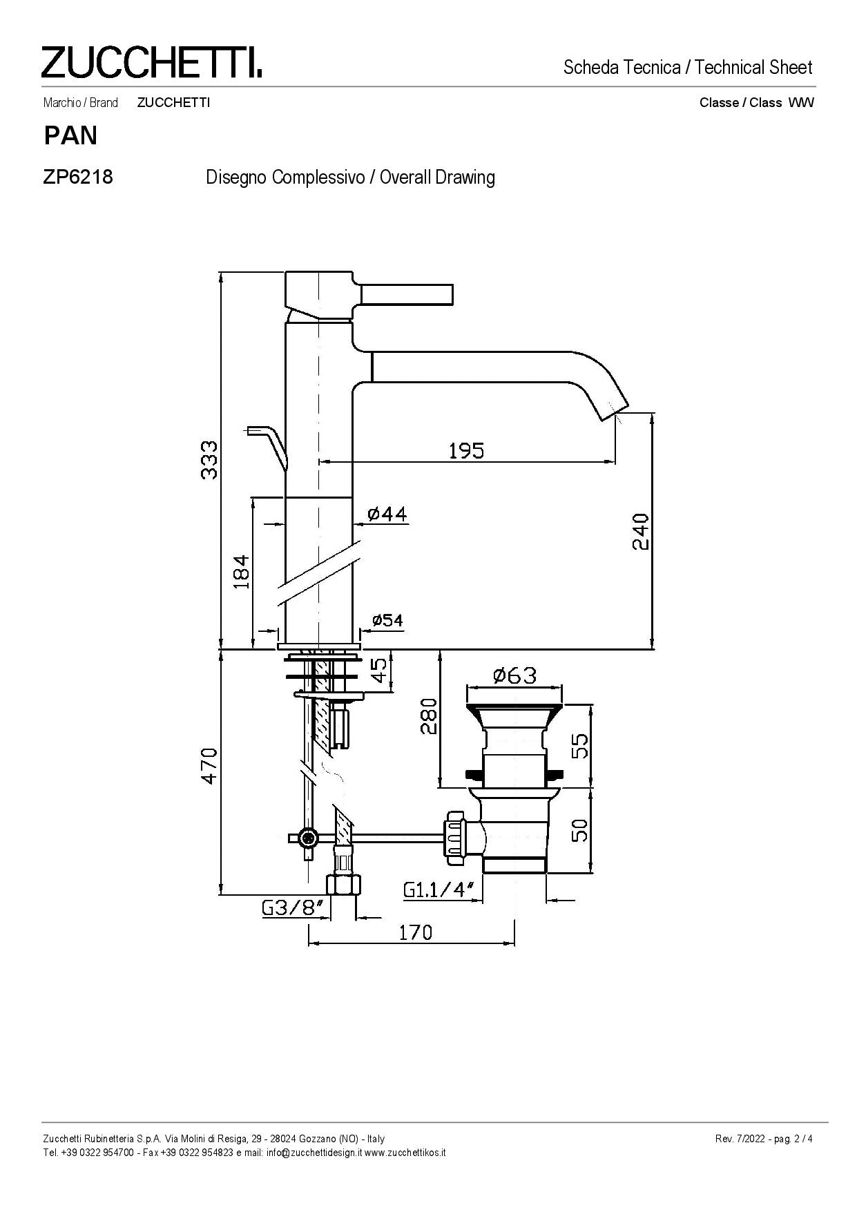 ZUCCHETTI PAN MIX MONOCOMANDO LAVABO CON PROLUNGA, AERATORE E SCARICO