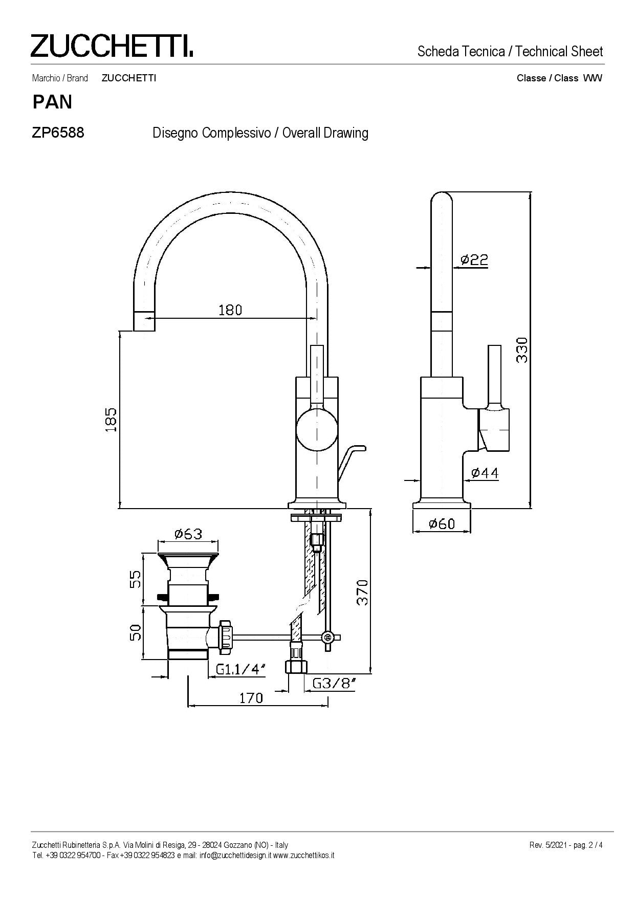 ZUCCHETTI PAN MIX MONOCOMANDO LAVABO CON BOCCA GIREVOLE, AERATORE E SCARICO