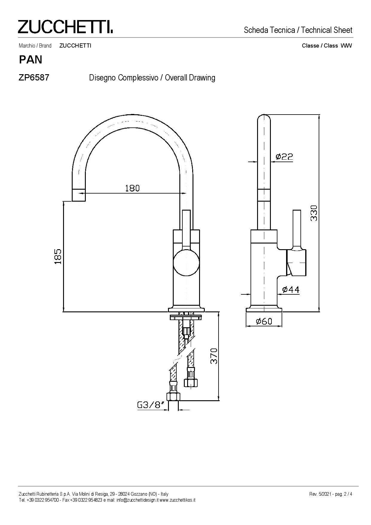 ZUCCHETTI PAN MIX SINGLE LEVER BASIN MIXER WITH SWIVEL SPOUT, AERATOR AND WITHOUT WASTE
