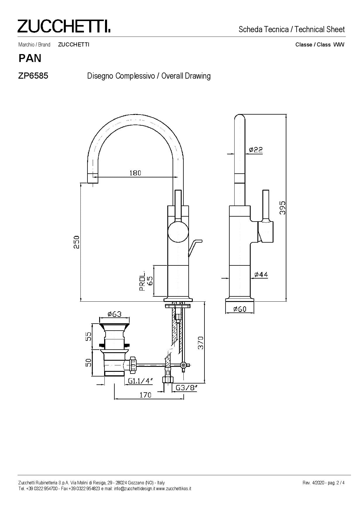 ZUCCHETTI PAN MIX MONOCOMANDO LAVABO CON PROLUNGA, BOCCA GIREVOLE, AERATORE E SCARICO