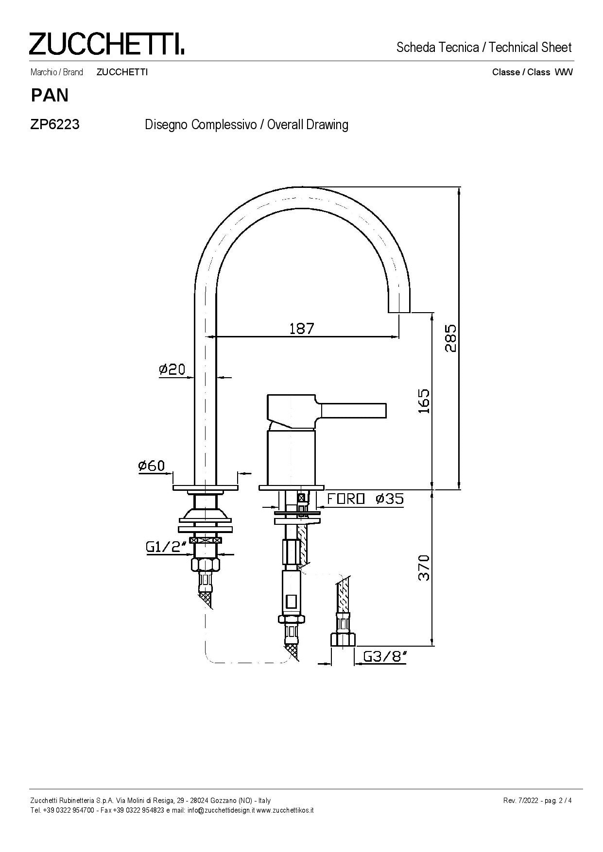 ZUCCHETTI PAN MIX MONOCOMANDO LAVABO 2 FORI CON BOCCA GIREVOLE E AERATORE