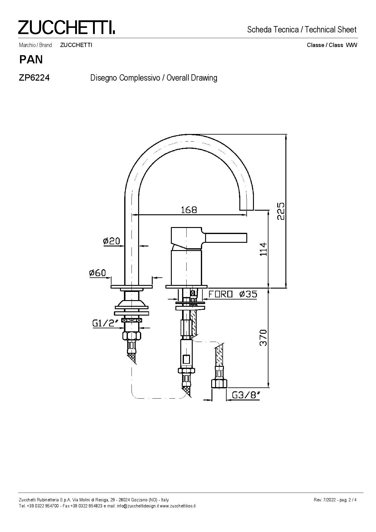 ZUCCHETTI PAN MIX MONOCOMANDO LAVABO 2 FORI CON BOCCA GIREVOLE E AERATORE