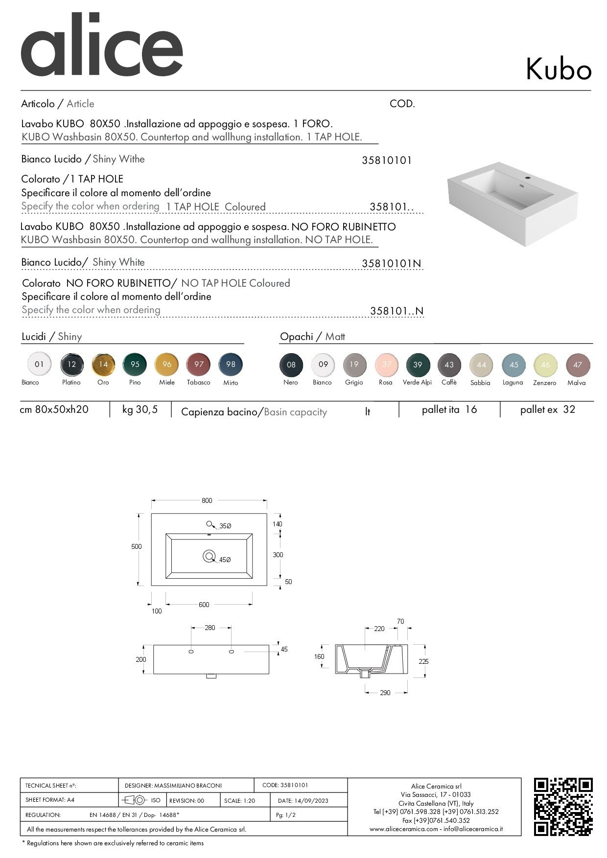 ALICE CERAMICA LAVABO KUBO 80X50