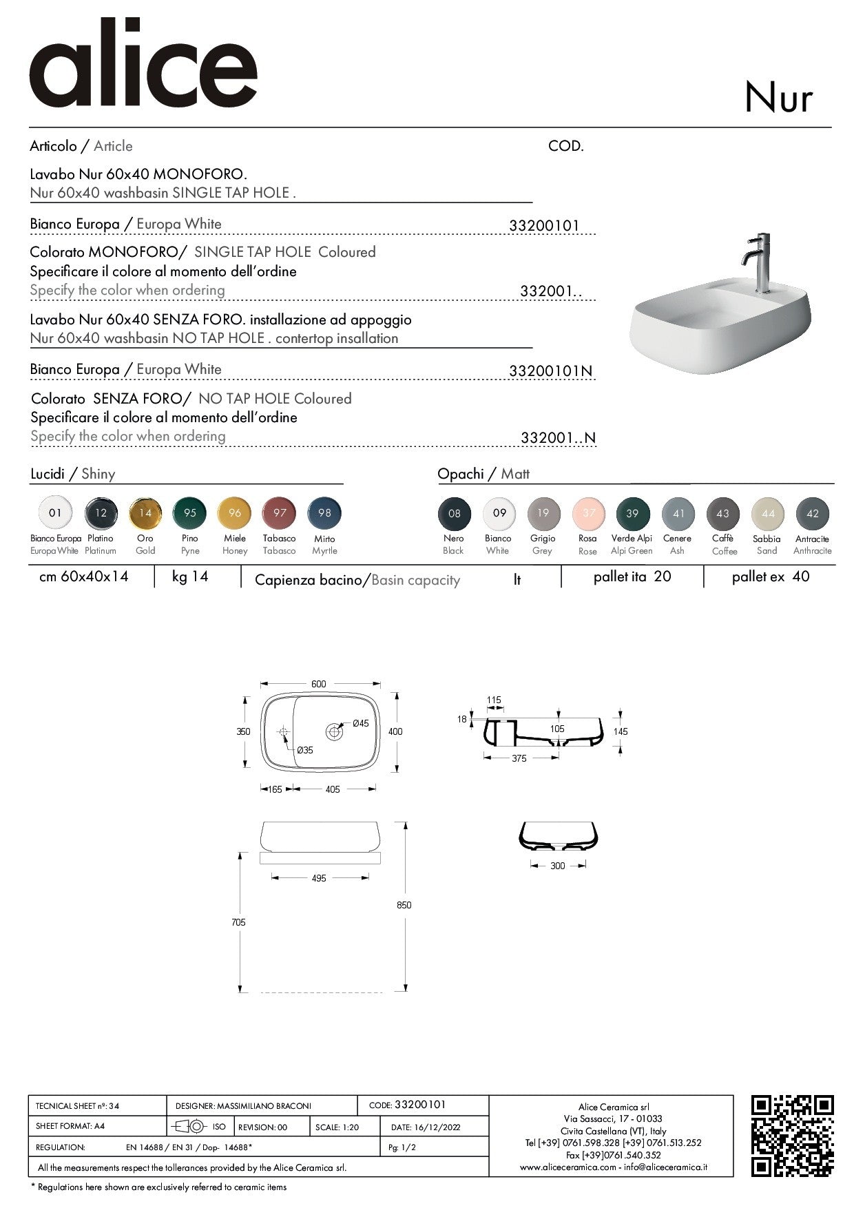 ALICE CERAMICA LAVABO NUR 60X40 PLAN