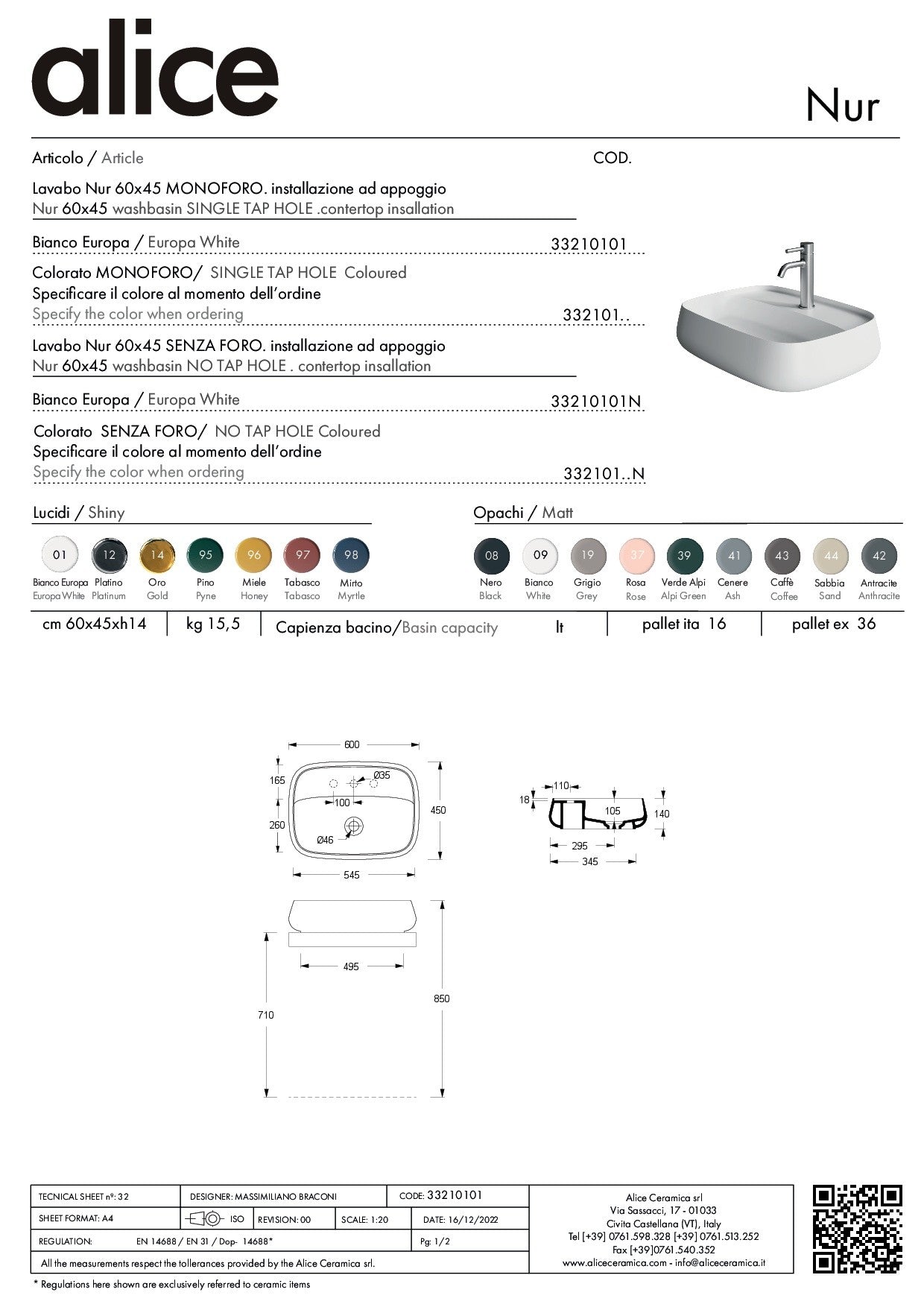 ALICE CERAMICA LAVABO NUR 60X45 PLAN