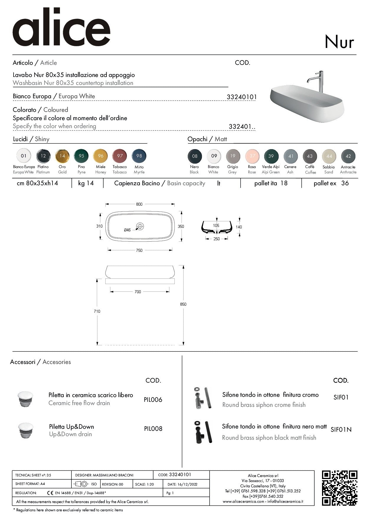 ALICE CERAMICA LAVABO NUR 80X35