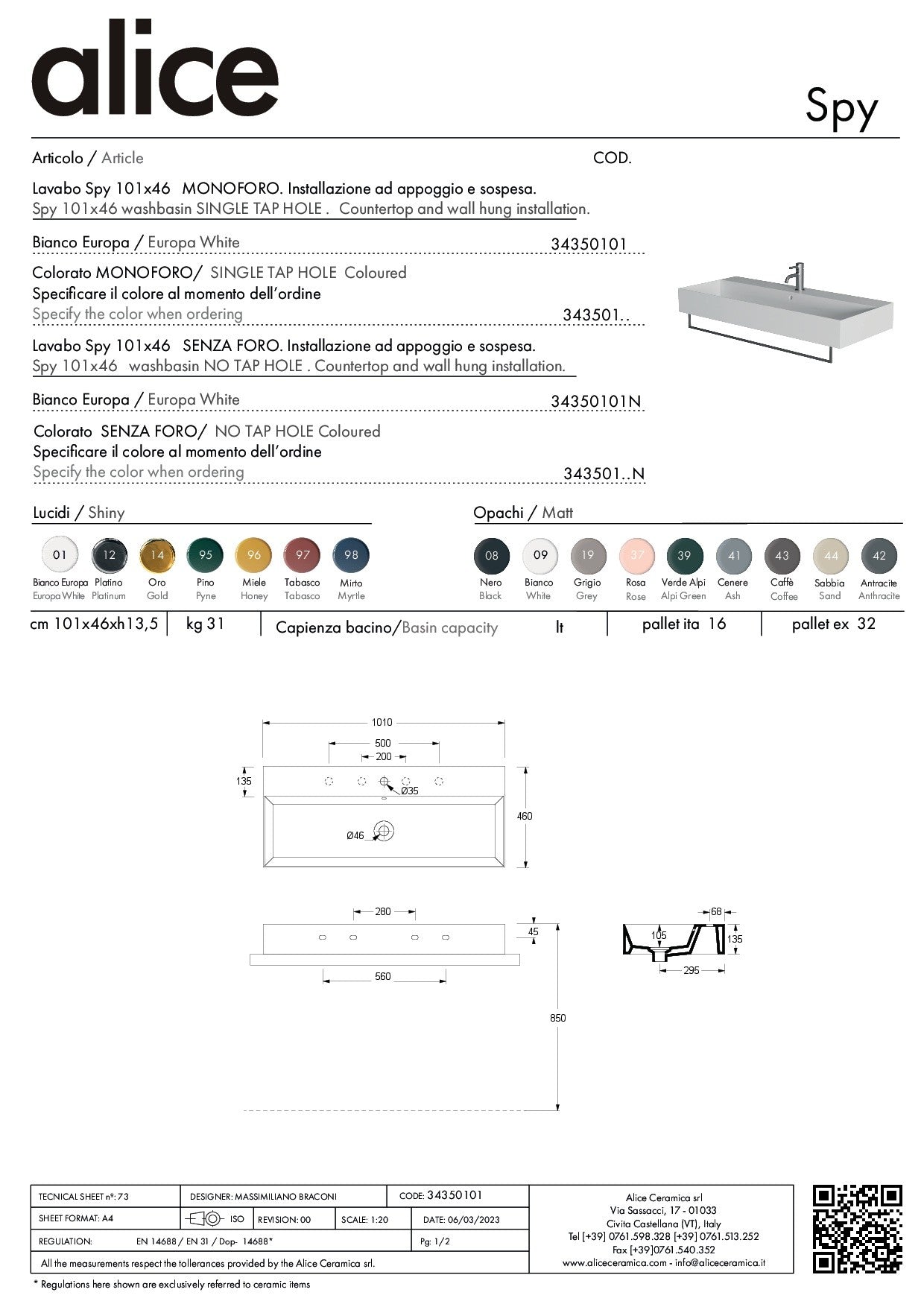 ALICE CERAMICA LAVABO SPY 101X46