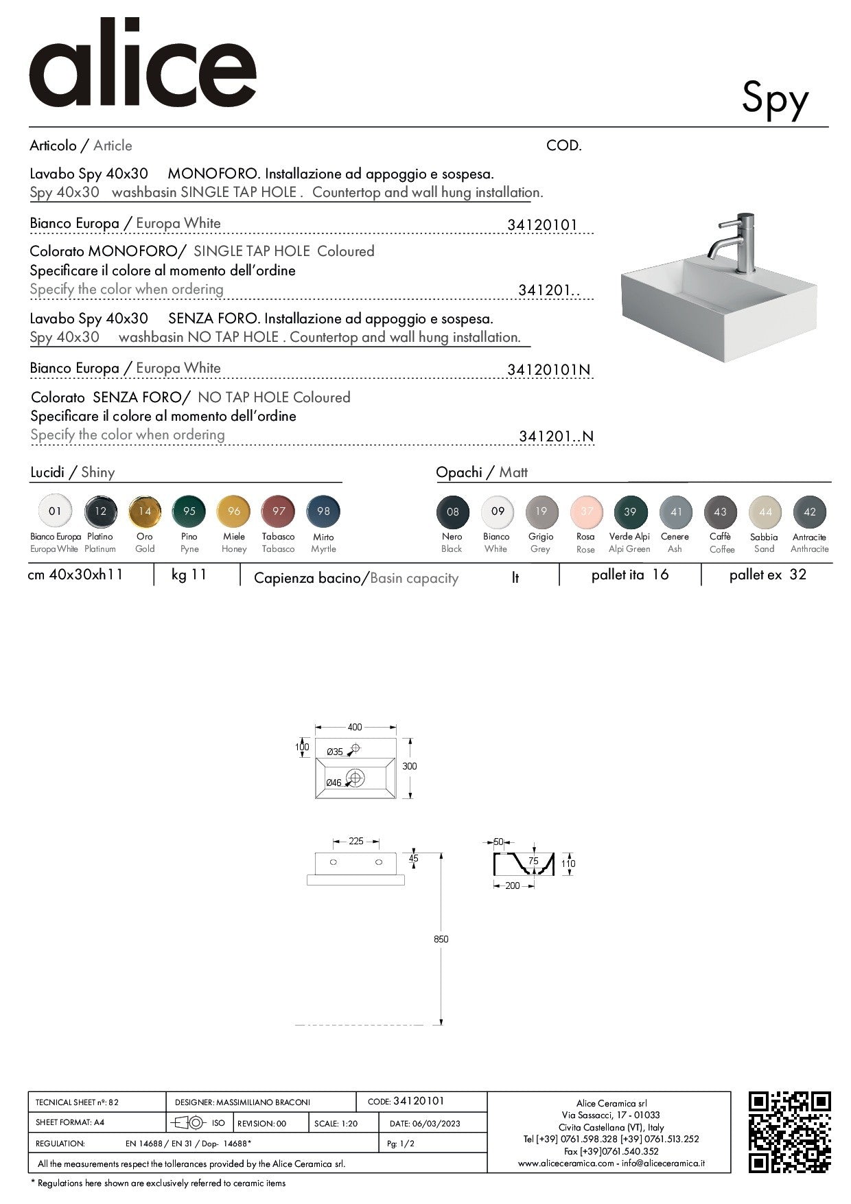 ALICE CERAMICA LAVABO SPY 40X30