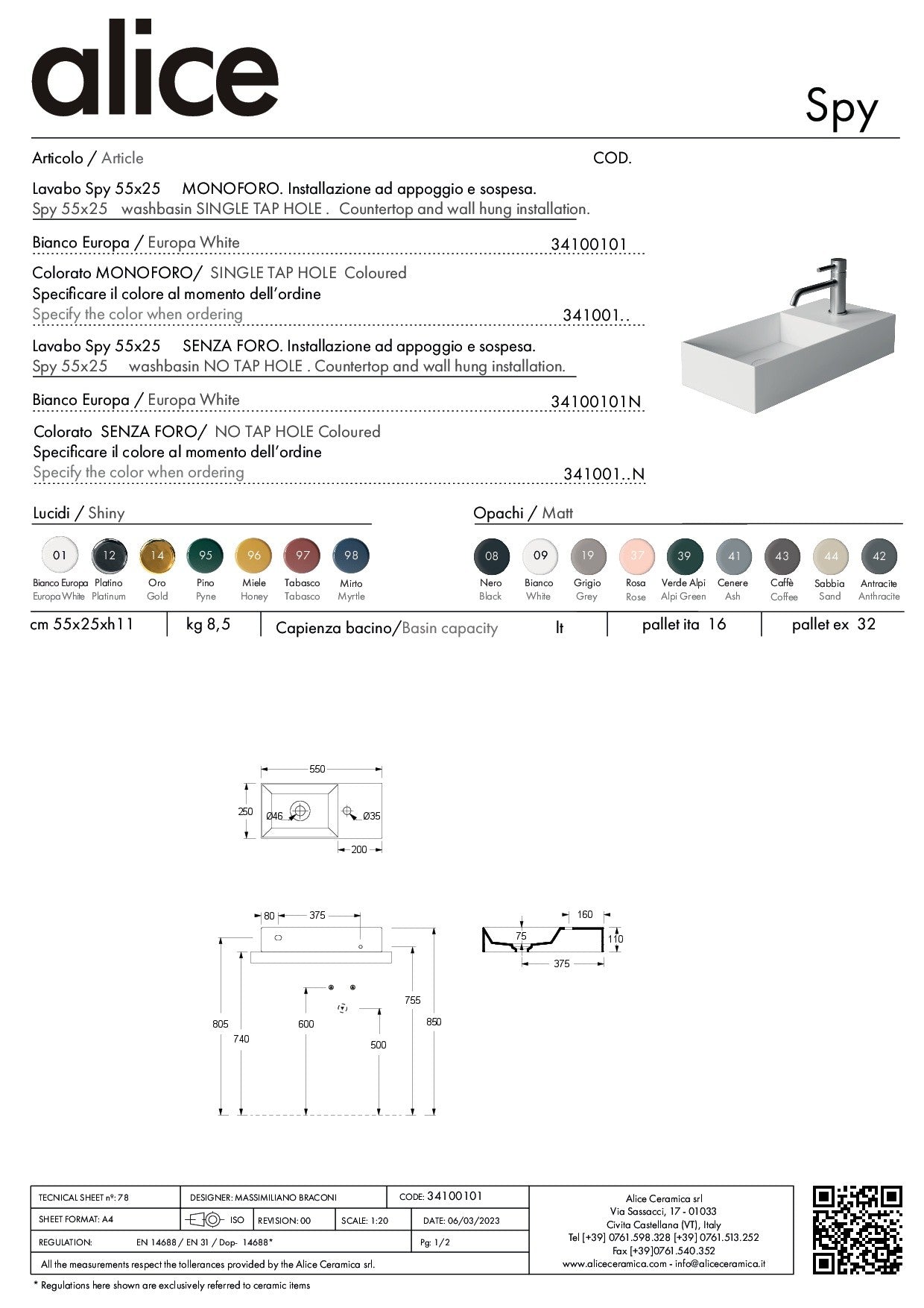 ALICE CERAMICA LAVABO SPY 55X25