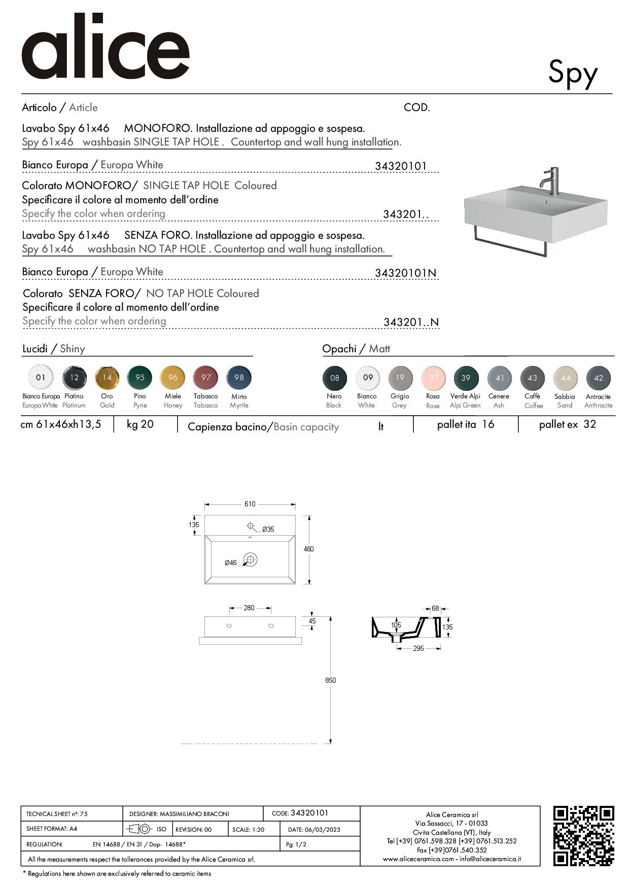 ALICE CERAMICA LAVABO SPY 61X46