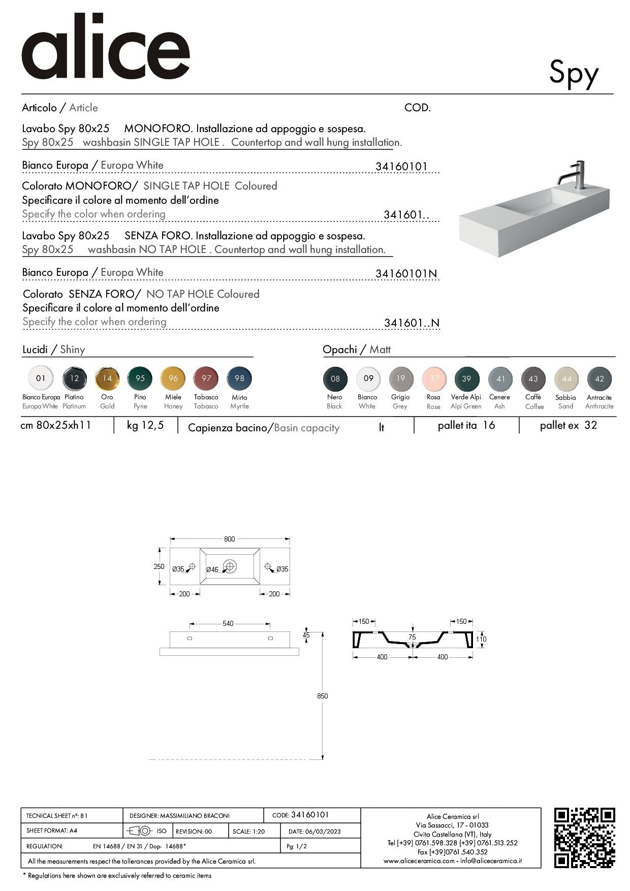 ALICE CERAMICA LAVABO SPY 80X25