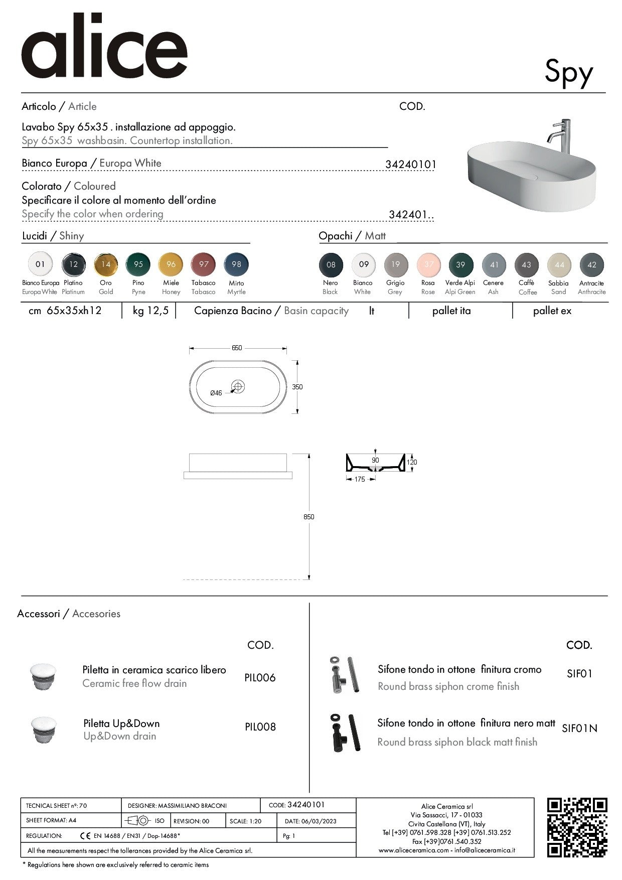 ALICE CERAMICA LAVABO SPY OVAL 65X35