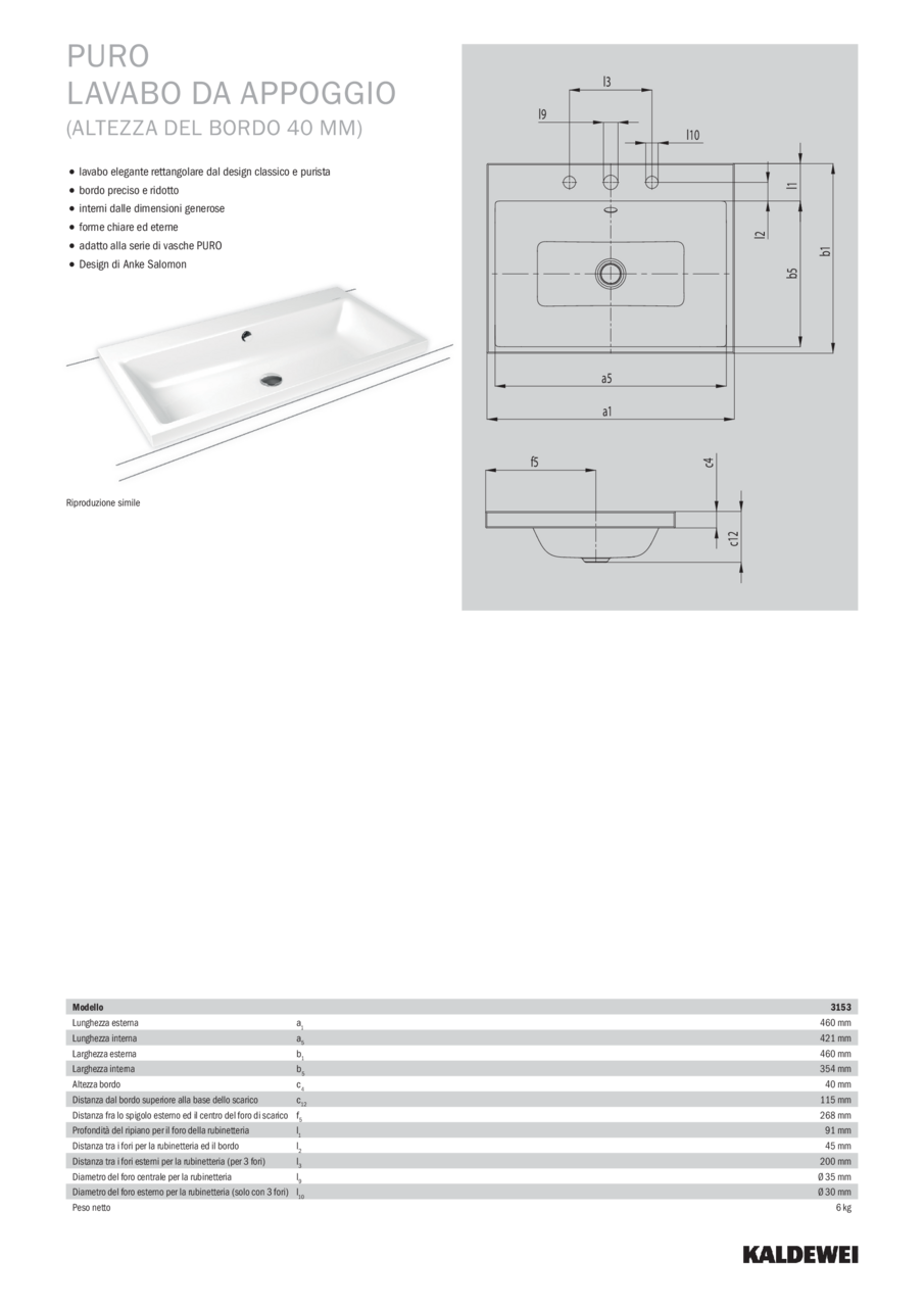 KALDEWEI PURO WASHBASIN 40mm